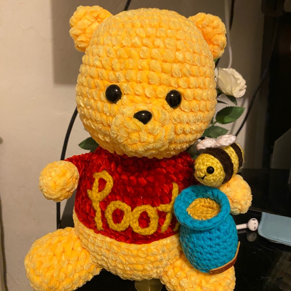 Yellow Plush Bear with Red Shirt and Blue Honey Pot